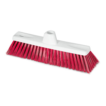 La brosse fine HACCP de 30 cm de Nölle Profi-Bürste de Nölle Profi Brush Bürsten- & Pinseltechnik e.K. a une tête en plastique blanc, des poils raides de 0,50 mm, rouges vifs, inclinés vers l'extérieur, un trou central pour la fixation du manche et un trou de suspension à une extrémité.