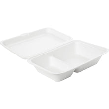 Abgebildet ist eine weiße Menübox 470/300 ml, Bagasse 2 der Duni GmbH (241x163x65 mm, Bagassematerial, 2 Fächer) auf unifarbenem Hintergrund; Packung enthält 50 Stück.