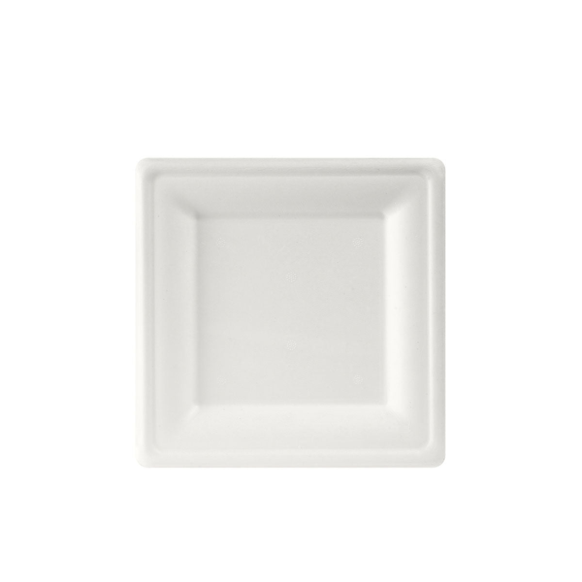 Une assiette en bagasse blanche et carrée de 20x20 cm de Duni GmbH (paquet de 50 pièces), vue de dessus avec un bord légèrement surélevé sur un fond blanc.