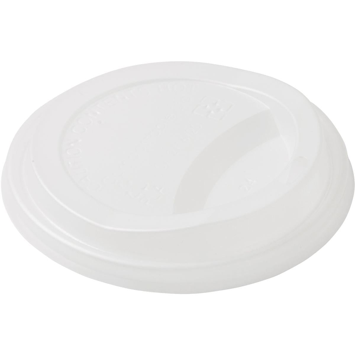 Un couvercle CPLA blanc pour 182576 de Duni GmbH (Paquet : 50 pièces) avec un bord surélevé et un trou de boisson ovale, illustré sur fond blanc - écologique et biodégradable pour un plaisir du café durable.