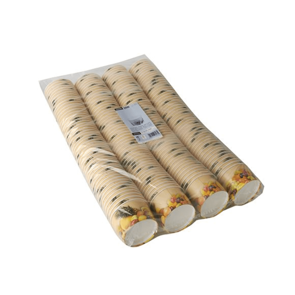 Un paquet emballé sous film rétractable de Starpak contient 200 gobelets jetables ronds en carton, chacun avec un design de fleurs et de fruits. Les gobelets sont disposés en plusieurs piles de quatre rangées chacun.