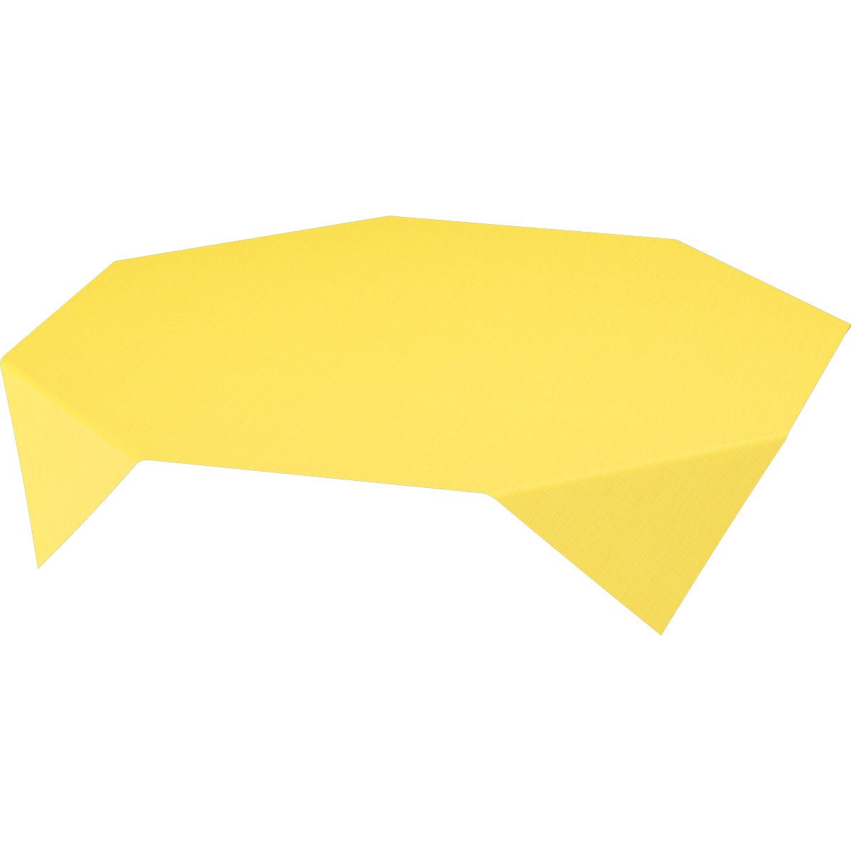 Une nappe Dunisilk MD 84x84 cm Linnea jaune de Duni GmbH, décoration de haute qualité en paquet de 20, est déployée comme décoration de table élégante avec des coins marquants sur fond blanc.