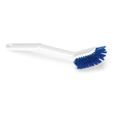 La brosse de nettoyage en plastique blanc Nölle Profi Brush HACCP Spülbürste Diskette Borste 0,25 mm de Nölle Profi Brush Bürsten- & Pinseltechnik e.K. est présentée avec des poils bleus et un long manche, inclinée sur un fond blanc uni.