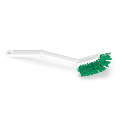 Est représentée une brosse de nettoyage Nölle Profi Brush HACCP Spülbürste Diskette Borste 0,25 mm de Nölle Profi Brush Bürsten- & Pinseltechnik e.K. avec un manche blanc incurvé et des poils verts rigides sur un fond blanc uni.