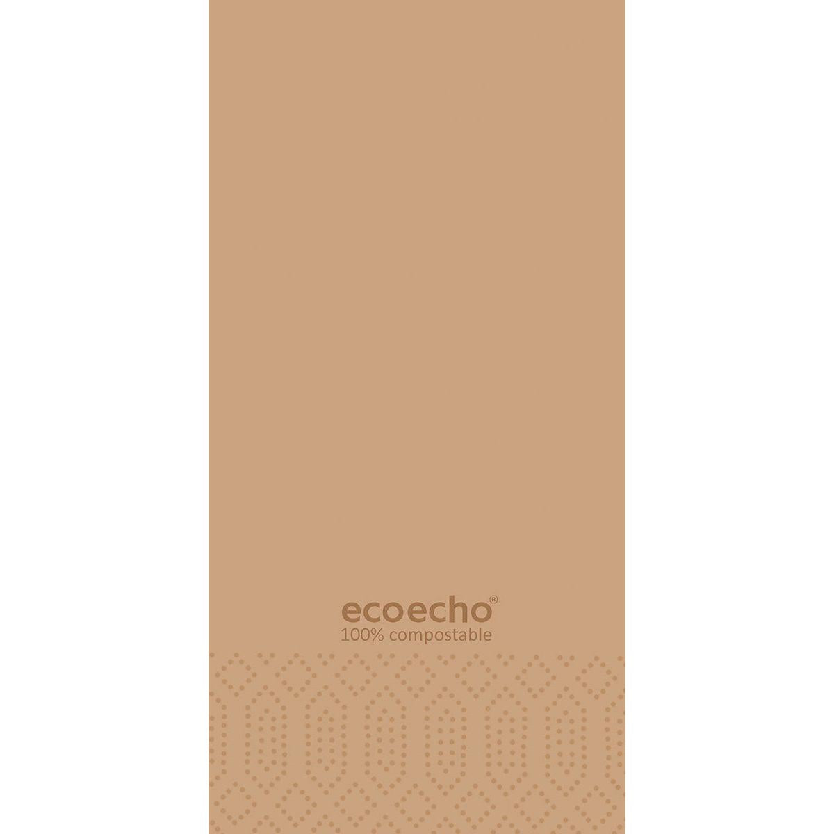Un fond brun clair avec une bordure inférieure géométriquement pointillée affiche "ecoecho 100% compostable" en marron et met en valeur ces serviettes en tissu cellulaire Duni GmbH 40x40 cm, 3 épaisseurs, pliage 1/8 livre, EcoEcho. Paquet de 250 pièces.