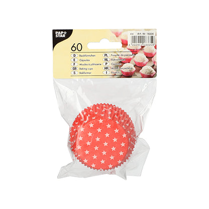 Le paquet de 60 moules à cupcakes (Ø 5 cm, hauteur 2,5 cm) de la société PAPSTAR GmbH sont des moules rouges avec des étoiles blanches, idéal pour des muffins ou des cupcakes et sont livrés dans un sac en plastique transparent avec une étiquette jaune.