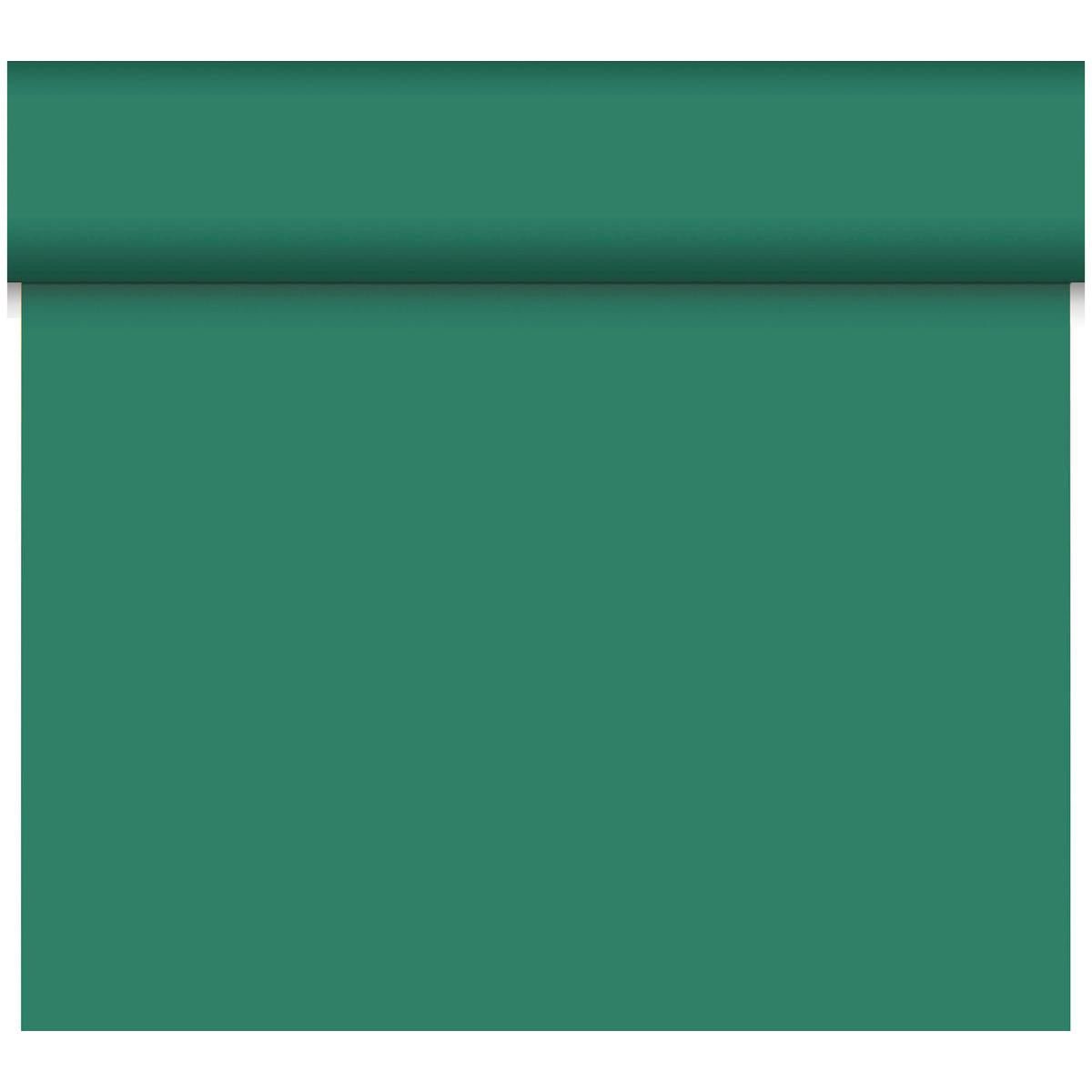 Un chemin de table Dunicel Tête-à-Tête partiellement déroulé (24 m x 0,4 m, 20 sections) de Duni GmbH en vert sarcelle uni descend, parfait pour la décoration de table ou comme chemin de table élégant.