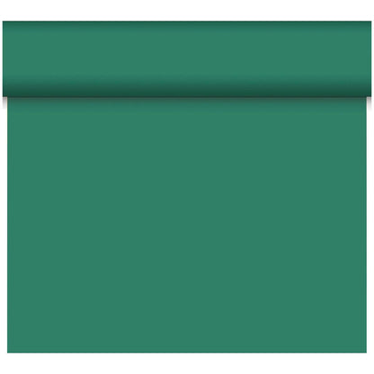 Un chemin de table Dunicel Tête-à-Tête partiellement déroulé (24 m x 0,4 m, 20 sections) de Duni GmbH en vert sarcelle uni descend, parfait pour la décoration de table ou comme chemin de table élégant.