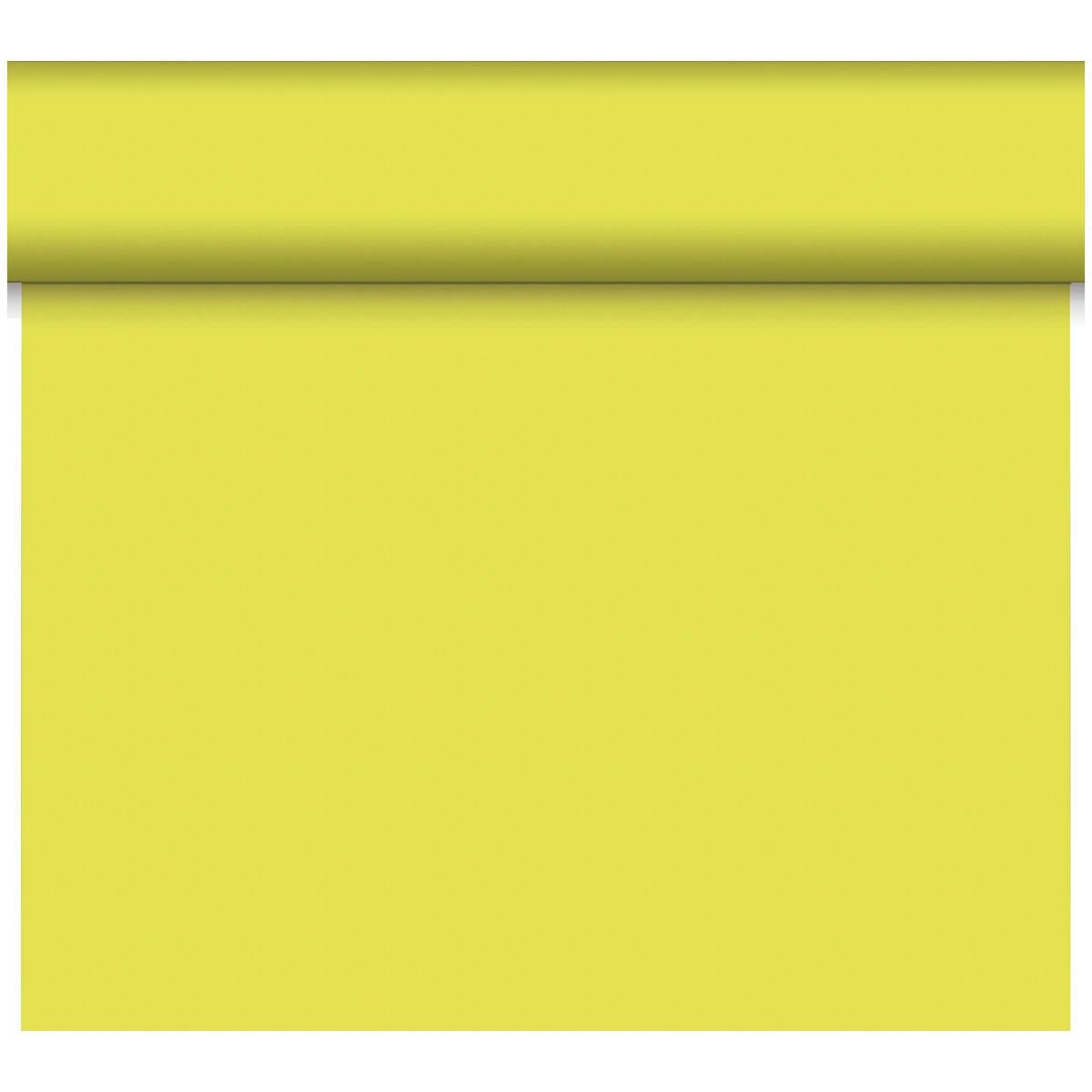 Le chemin de table Dunicel Tête-à-Tête 24 m x 0,4 m (20 sections) de Duni GmbH a une surface unie jaune clair, lisse et sans motif - idéal pour une décoration de table élégante ou un Tête-à-Tête.