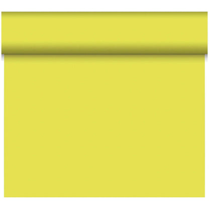 Le chemin de table Dunicel Tête-à-Tête 24 m x 0,4 m (20 sections) de Duni GmbH a une surface unie jaune clair, lisse et sans motif - idéal pour une décoration de table élégante ou un Tête-à-Tête.