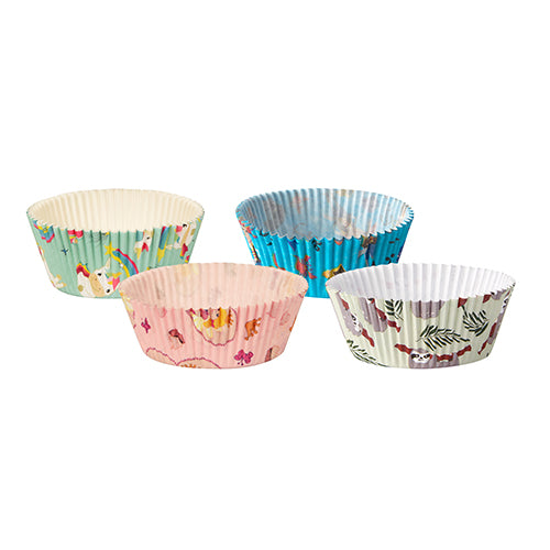 Ensemble de 60 PAPSTAR moules à cupcakes (Ø 5 cm, H 2,5 cm) de la société PAPSTAR GmbH en vert, rose, bleu et blanc avec des motifs colorés d'animaux, d'arcs-en-ciel et de plantes - idéal pour des cupcakes ou des muffins. Illustré sur fond blanc.