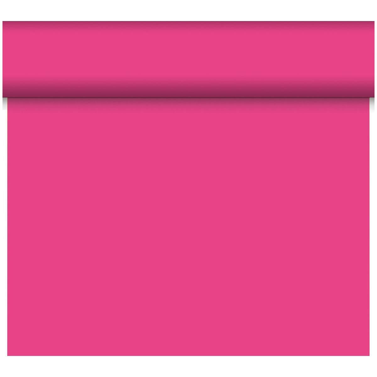 Un chemin de table Dunicel Tête-à-Tête partiellement déroulé (24 m x 0,4 m, 20 sections) de Duni GmbH en rose vif projette une ombre le long du bord supérieur; sa surface lisse est parfaite pour une décoration de table élégante.
