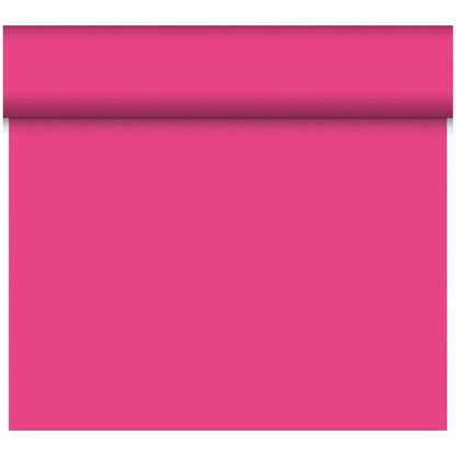 Un chemin de table Dunicel Tête-à-Tête partiellement déroulé (24 m x 0,4 m, 20 sections) de Duni GmbH en rose vif projette une ombre le long du bord supérieur; sa surface lisse est parfaite pour une décoration de table élégante.