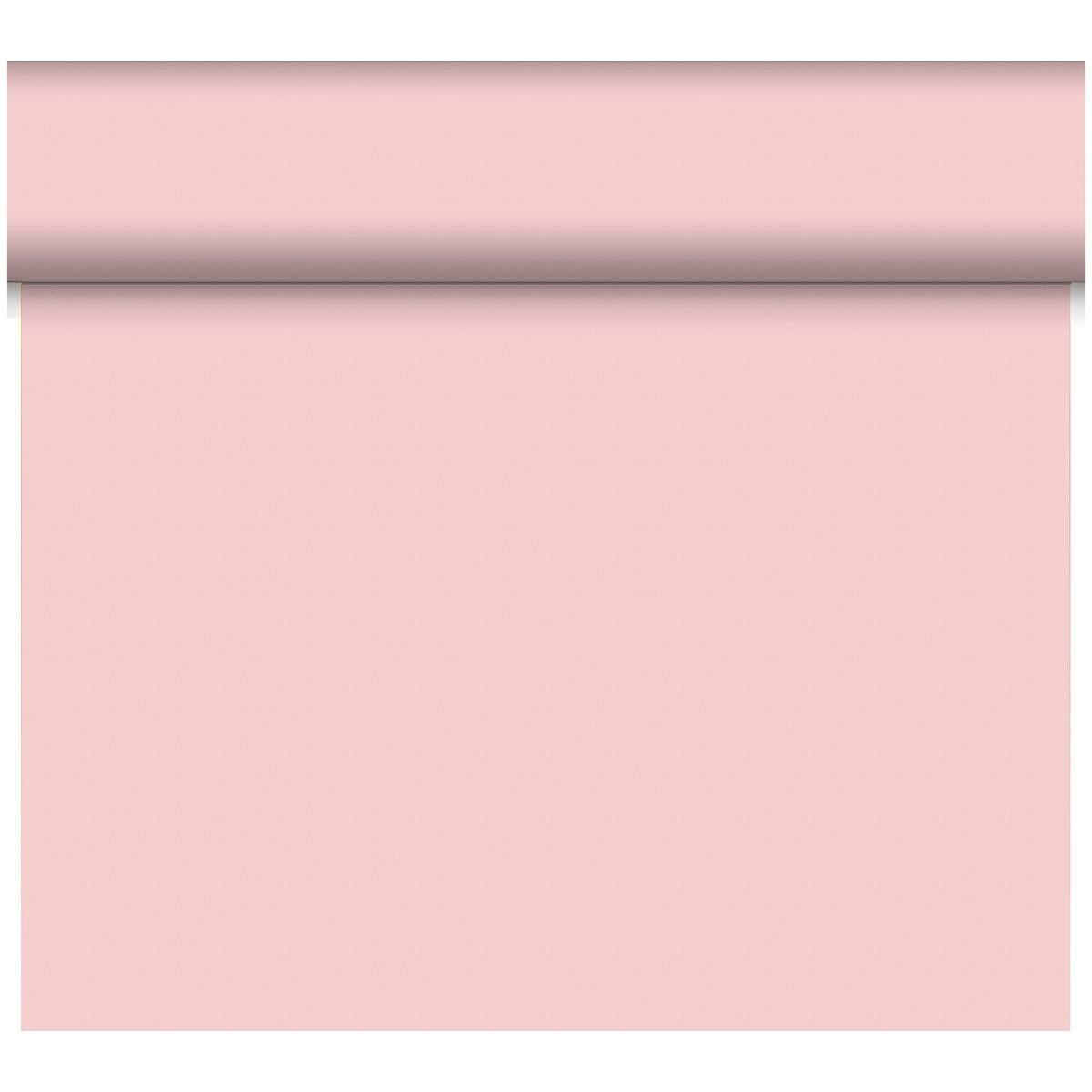 Un rouleau de chemin de table Dunicel Tête-à-Tête 24 m x 0,4 m (20 sections) de Duni GmbH est déroulé verticalement, la surface rose pâle présentée comme une décoration de table élégante sur fond blanc.