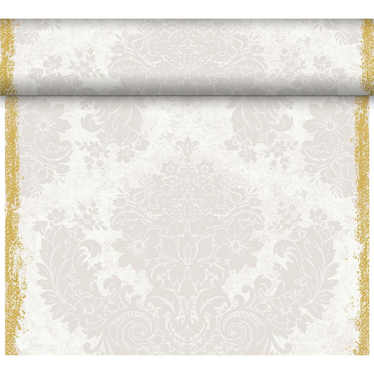 Un rouleau de papier peint avec un damas floral beige clair et des bordures dorées, parfait pour une décoration de table classique ou en combinaison avec le chemin de table Dunicel Tête-à-Tête 24 m × 0,4 m (Duni GmbH) pour une ambiance élégante.