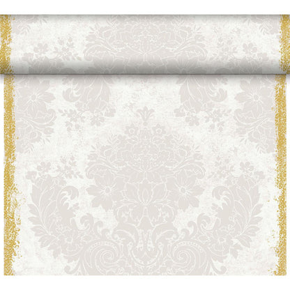 Un rouleau de papier peint avec un damas floral beige clair et des bordures dorées, parfait pour une décoration de table classique ou en combinaison avec le chemin de table Dunicel Tête-à-Tête 24 m × 0,4 m (Duni GmbH) pour une ambiance élégante.