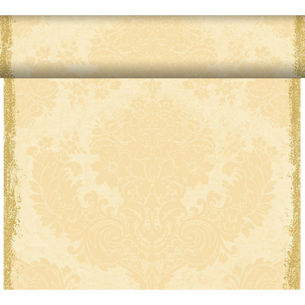 Un rouleau de papier peint floral damassé beige-doré, partiellement déroulé - parfait pour une décoration de table inspirante ou en combinaison avec le chemin de table Dunicel Tête-à-Tête 24 m x 0,4 m (20 sections) de Duni GmbH pour une touche élégante.