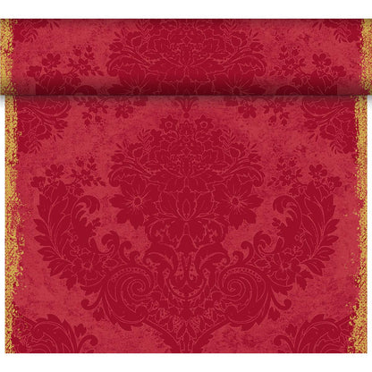 Le chemin de table Dunicel Tête-à-Tête (24 m x 0,4 m, 20 sections) de Duni GmbH se distingue par son design damassé floral rouge et or avec un aspect usé - idéal pour une décoration de table élégante ou comme complément stylé pour tout environnement.