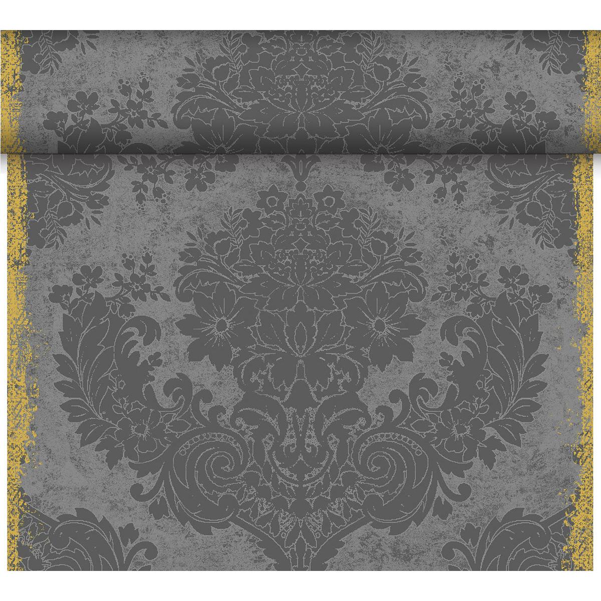Un gros plan du papier peint damassé floral en gris foncé, reflétant le style élégant du chemin de table Dunicel Tête-à-Tête 24 m x 0,4 m (20 sections) de Duni GmbH, avec des textures usées et des bords dorés abîmés, idéal pour la décoration de table.