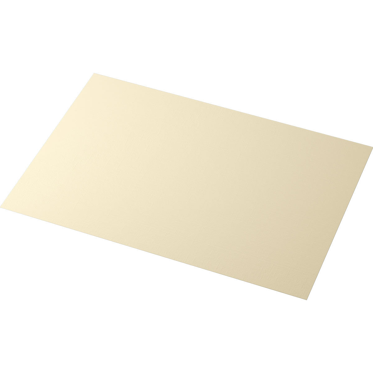 Une feuille de papier lisse, de couleur crème – dont les dimensions sont comparables à celles des sets de table Evolin de la société Duni GmbH (30 x 43,5 cm) – est présentée légèrement en biais sur un fond blanc.