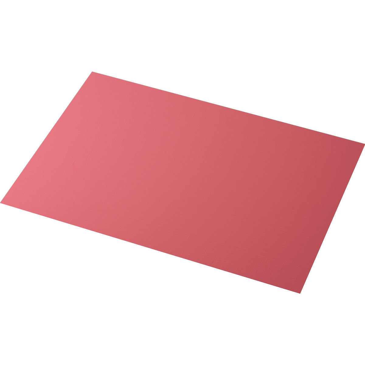 Un set de table Evolin rectangulaire de couleur rose (30 x 43,5 cm) de la société Duni GmbH, doté d'une surface texturée, est posé sur un fond blanc et photographié en contre-plongée.
