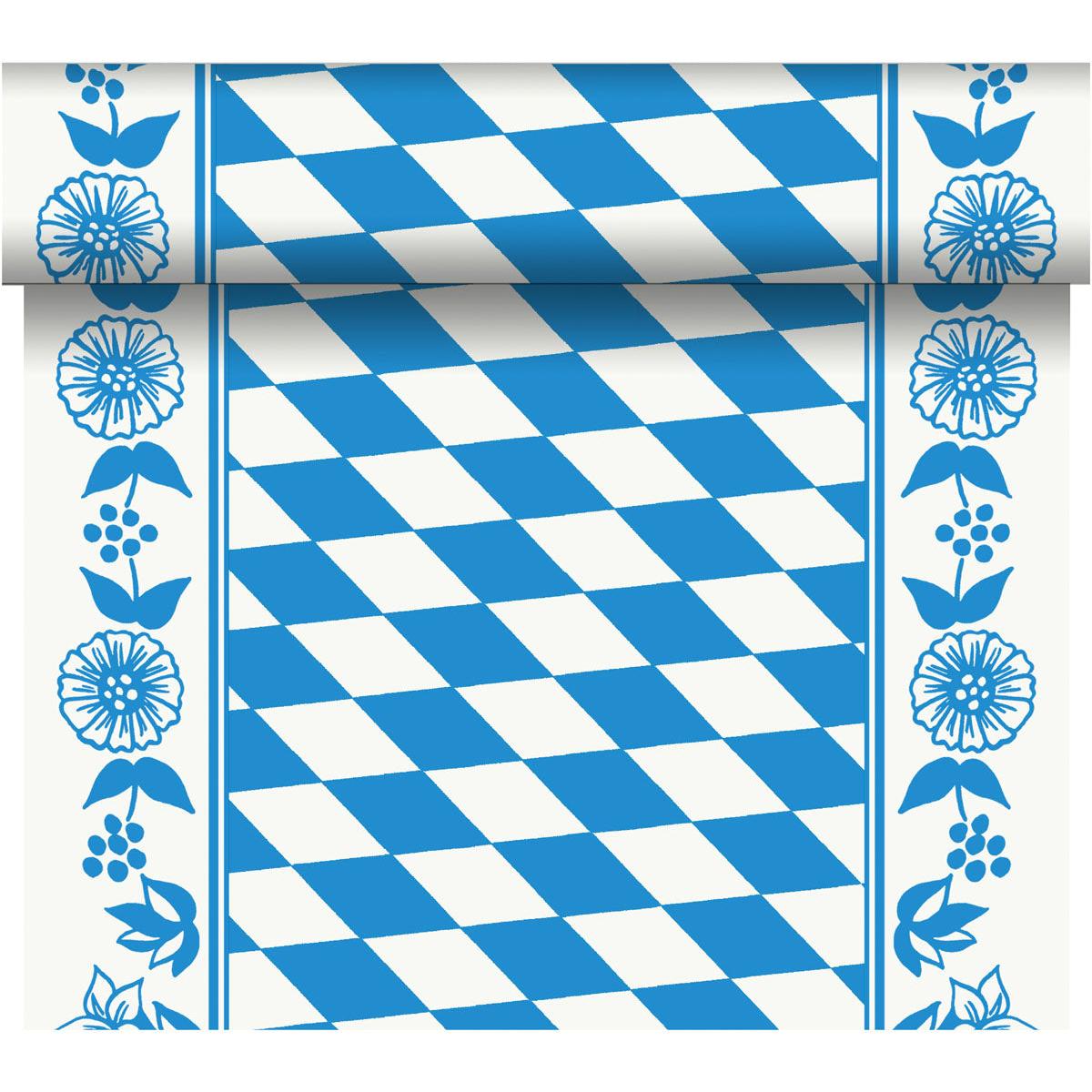 Le chemin de table Dunicel Tête-à-Tête (24 m x 0,4 m, 20 sections) de Duni GmbH présente un motif en losange bleu et blanc avec des bordures florales et un bord roulé pour une décoration de table élégante.