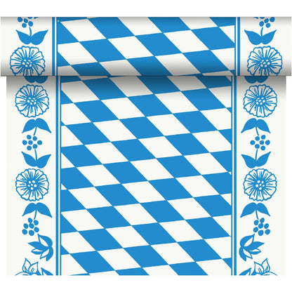 Le chemin de table Dunicel Tête-à-Tête (24 m x 0,4 m, 20 sections) de Duni GmbH présente un motif en losange bleu et blanc avec des bordures florales et un bord roulé pour une décoration de table élégante.
