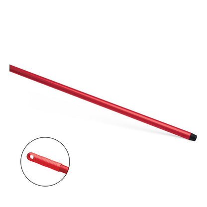 La Nölle Profi Brush HACCP Manche en fibre de verre 150 cm de Nölle Profi Brush Bürsten- & Pinseltechnik e.K. est un manche métallique rouge avec une pointe filetée noire et un trou de suspension à l'extrémité. Le fond est blanc, avec un insert montrant de près le trou de suspension.