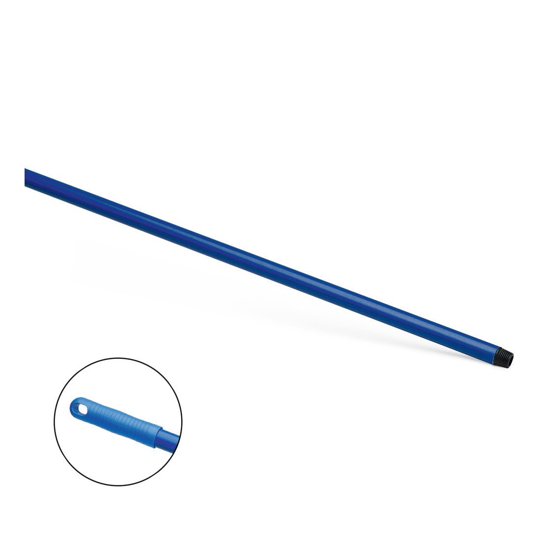 La Nölle Profi Brush HACCP Manche en fibre de verre 150 cm de Nölle Profi Brush Bürsten- & Pinseltechnik e.K., ici en biais sur fond blanc, a une poignée structurée bleue, une pointe filetée noire et un trou de suspension - idéal pour l'industrie alimentaire. L'image montre un détail de la poignée.