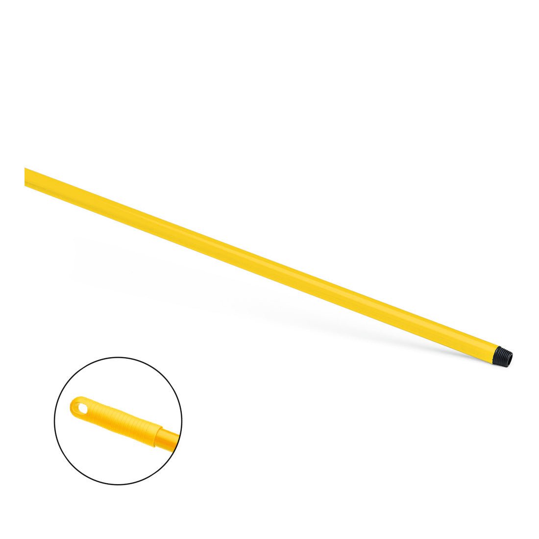 Le manche en fibre de verre HACCP jaune Nölle Profi Brush 150 cm de Nölle Profi Brush Bürsten- & Pinseltechnik e.K. a une pointe filetée noire, une poignée structurée et un trou de suspension. Détail découpé; fond blanc.