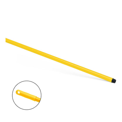 Le manche en fibre de verre HACCP jaune Nölle Profi Brush 150 cm de Nölle Profi Brush Bürsten- & Pinseltechnik e.K. a une pointe filetée noire, une poignée structurée et un trou de suspension. Détail découpé; fond blanc.