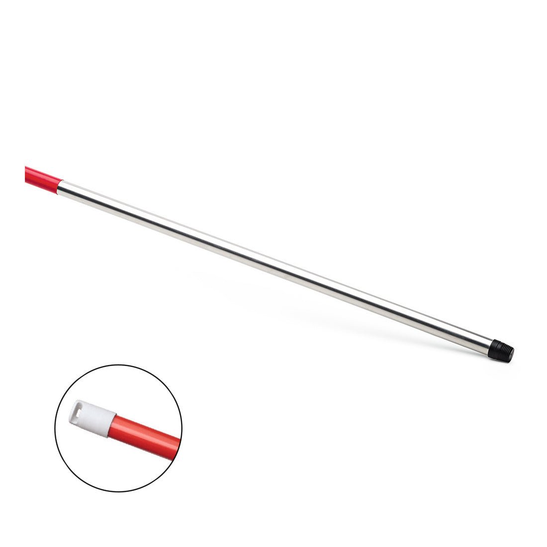 La brosse professionnelle Nölle HACCP manche en aluminium de 140 cm de Nölle Profi Brush Bürsten- & Pinseltechnik e.K. avec une poignée rouge, une pointe filetée noire et un filetage intérieur blanc assure une hygiène conforme à HACCP dans le nettoyage professionnel.