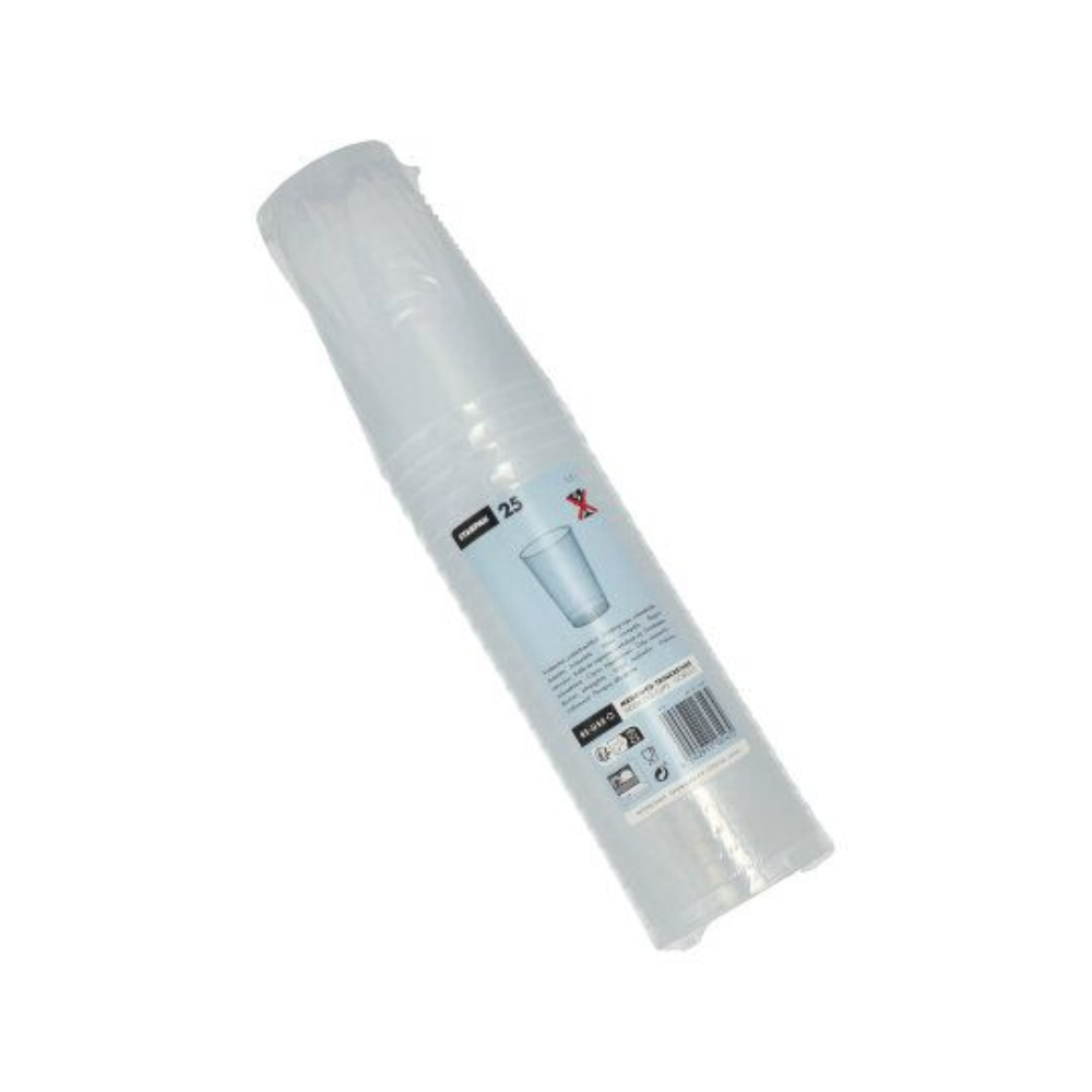 Un paquet de gobelets jetables transparents et incassables emballés dans du plastique avec l'inscription « Gobelet en plastique réutilisable Starpak (PP) 0,3 l Ø 7,8 cm · 11,8 cm » contient 25 pièces. L'étiquette est munie de symboles de recyclage et d'un code-barres, les gobelets sont empilés verticalement dans l'emballage.