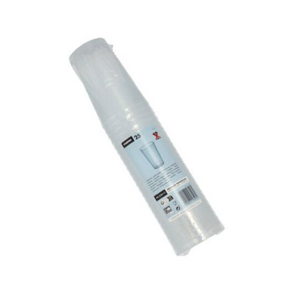 Un paquet de gobelets jetables transparents et incassables emballés dans du plastique avec l'inscription « Gobelet en plastique réutilisable Starpak (PP) 0,3 l Ø 7,8 cm · 11,8 cm » contient 25 pièces. L'étiquette est munie de symboles de recyclage et d'un code-barres, les gobelets sont empilés verticalement dans l'emballage.