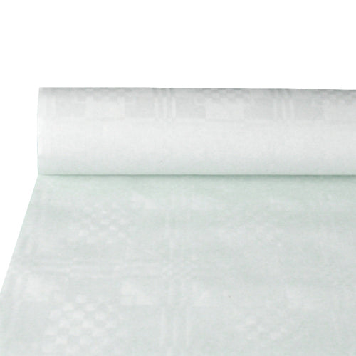 Un rouleau partiellement déroulé de nappe en papier PAPSTAR GmbH avec gaufrage damassé, blanc (10 m x 1,2 m), met en valeur la structure élégante - idéal pour une table dressée avec style. Le fond simple attire l'attention sur le gaufrage damassé de haute qualité.