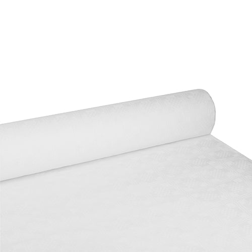 La PAPSTAR nappe en papier embossée damassée en blanc (100 m x 1,2 m), de la PAPSTAR GmbH, est partiellement déroulée sur une surface plane, montrant le motif damassé finement structuré.