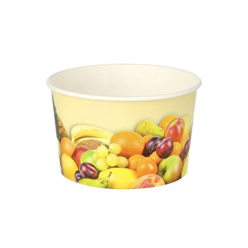Le gobelet en carton rond Starpak To Go de 250 ml arbore un design vibrant de "fruits" avec une sélection de fruits comme des oranges, des raisins, des pommes et des pêches sur un fond clair. Ce bol en carton vide est présenté sur un fond blanc simple.