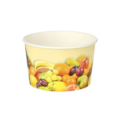 Le gobelet en carton rond Starpak To Go de 250 ml arbore un design vibrant de "fruits" avec une sélection de fruits comme des oranges, des raisins, des pommes et des pêches sur un fond clair. Ce bol en carton vide est présenté sur un fond blanc simple.