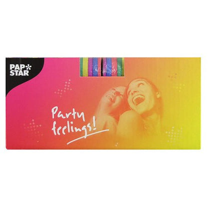 Un emballage rectangulaire rose et jaune de la société PAPSTAR montre deux femmes souriantes, « Partygefühl! » et une fenêtre avec PAPSTAR 3 serpentins de 4 m - décoration de haute qualité en lot de 3 - avec des bandes lumineuses.