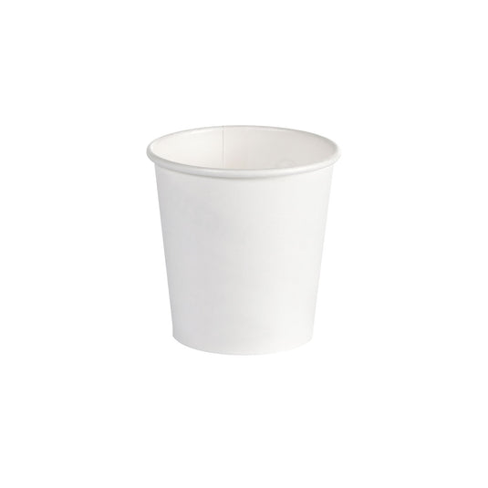 Une tasse à café blanche en PAP/PLA de Duni GmbH avec une capacité de 120 ml est centrée sur un fond blanc; l'emballage contient 45 pièces.