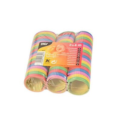 Les quatre serpentins de fête 3 serpentins de 4m de la société PAPSTAR sont emballés dans un paquet en film plastique avec une étiquette orange contenant les détails du produit et un enfant souriant - parfait pour une décoration de haute qualité !