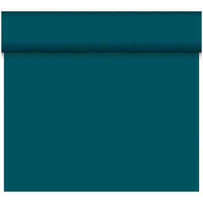 Le chemin de table Dunicel Tête-à-Tête 24 m x 0,4 m (20 sections) de Duni GmbH en sarcelle est partiellement déroulé sur fond blanc - idéal pour des décorations de table stylées ou des situations de Tête-à-Tête élégantes.