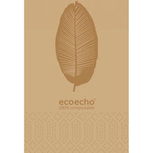 Ein stilisiertes braunes Blatt über "ecoecho 100% kompostierbar" auf hellbraunem, dezent gepunktetem Hintergrund hebt die Duni GmbH Zelltuchservietten 40x40 cm 3-lagig 1/8 Kopffalz Organic (Packung mit 250 Stück) hervor.