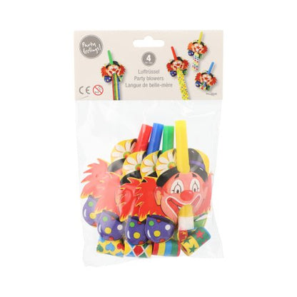 Le PAPSTAR sifflet de fête "Visage de clown" (4 pièces) de PAPSTAR GmbH est livré dans un sac transparent avec des visages de clown colorés et amusants - idéal comme accessoire de fête pour toute fête d'enfants.