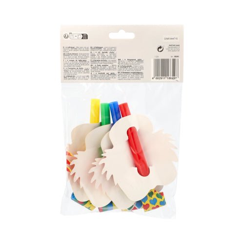 Un sac transparent de PAPSTAR GmbH contient 4 visages de clown colorés, parfaits pour les fêtes et célébrations. L'étiquette de l'emballage avec texte et code-barres est visible - un accessoire amusant pour les occasions festives!