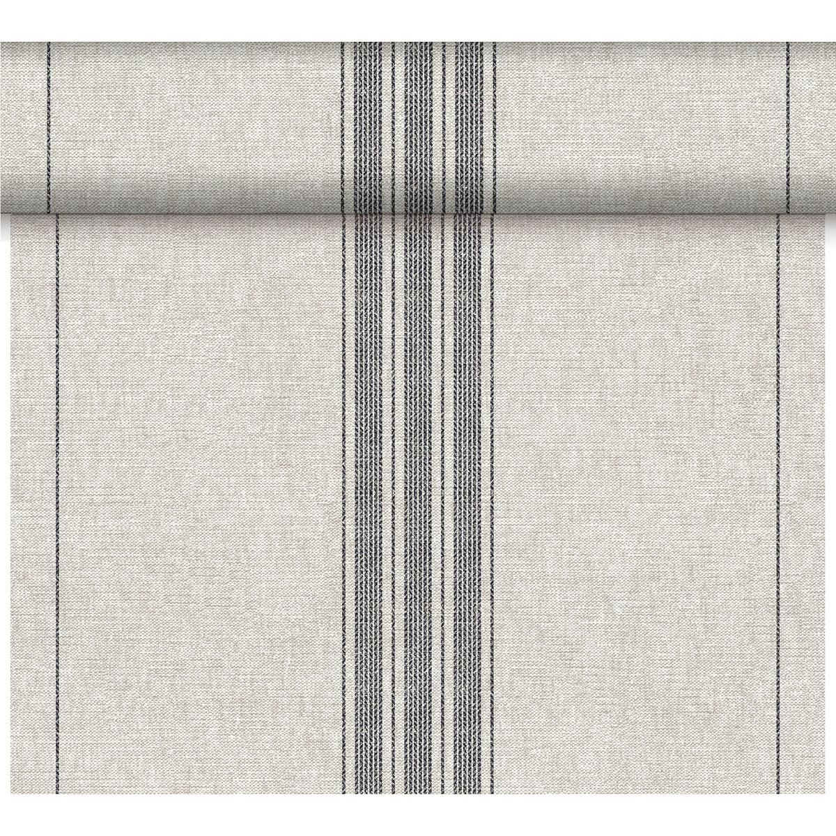 Le chemin de table Dunicel Tête-à-Tête de Duni GmbH (24 m x 0,4 m, 20 sections) est en gris clair avec une surface texturée et trois bandes noires étroites - idéal pour des décorations de table élégantes ou des situations de Tête-à-Tête stylées.