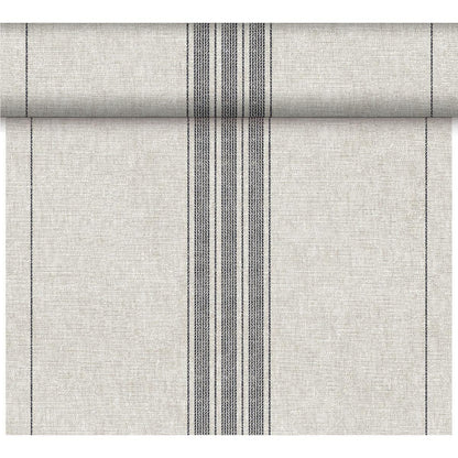 Le chemin de table Dunicel Tête-à-Tête de Duni GmbH (24 m x 0,4 m, 20 sections) est en gris clair avec une surface texturée et trois bandes noires étroites - idéal pour des décorations de table élégantes ou des situations de Tête-à-Tête stylées.