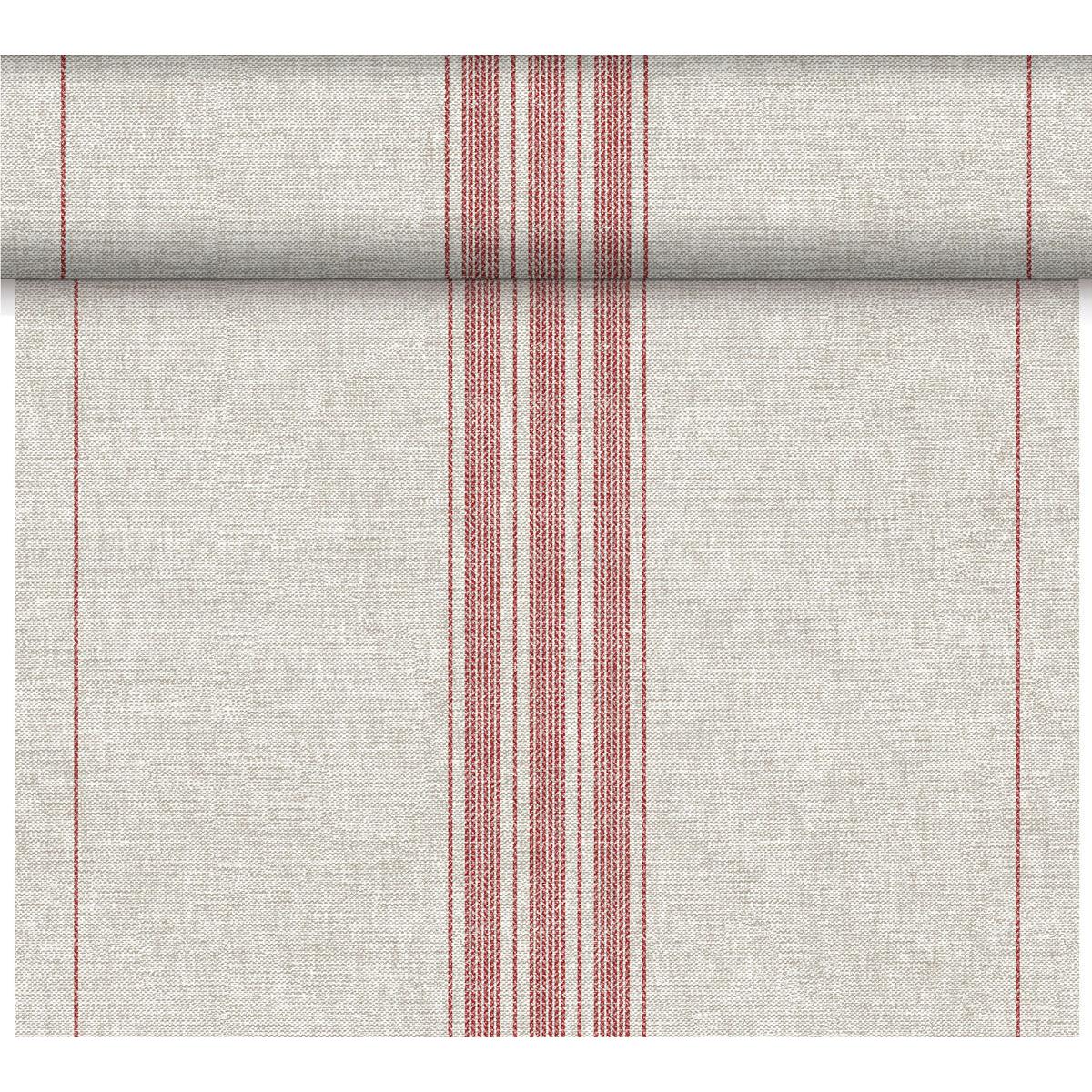 Le chemin de table Dunicel Tête-à-Tête de Duni GmbH (24 m x 0,4 m, 20 sections) est un chemin beige clair avec une structure tissée et des bandes rouges symétriques - idéal pour une décoration de table stylée.