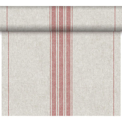 Le chemin de table Dunicel Tête-à-Tête de Duni GmbH (24 m x 0,4 m, 20 sections) est un chemin beige clair avec une structure tissée et des bandes rouges symétriques - idéal pour une décoration de table stylée.
