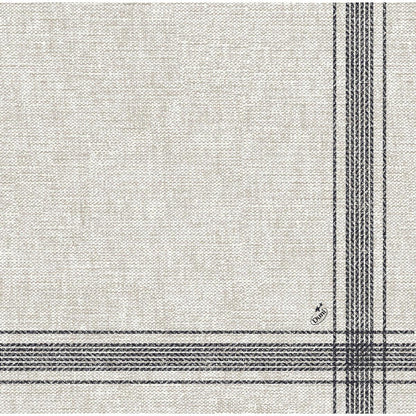 Les serviettes Dunilin beige 40 x 40 cm 1/4 pli de Duni GmbH sont en tissu de haute qualité avec une structure tissée et des lignes de grille noires croisées dans un coin - parfaites pour des espaces élégants.